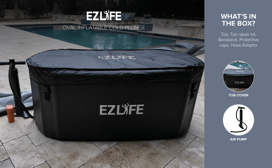 EZLIFE Oval Inflatable Cold Plunge. What's in the box? Tub, Tub repair kit, Backpack, Protective caps, Hose Adaptor. Tub Cover. Air Pump.
