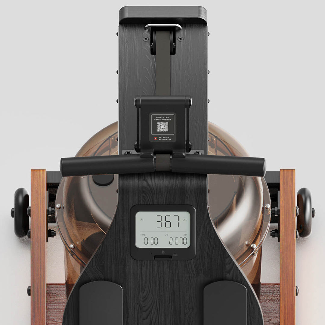 A close up of the LCD display and rower handles, along with the tablet holder.
