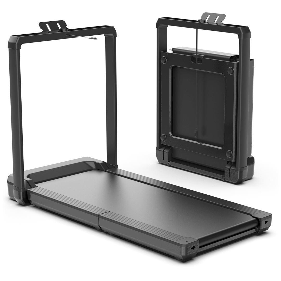 Walkingpad treadmill shown in two positions. One is ready for walking on. The other position is folded in half and stored vertically.