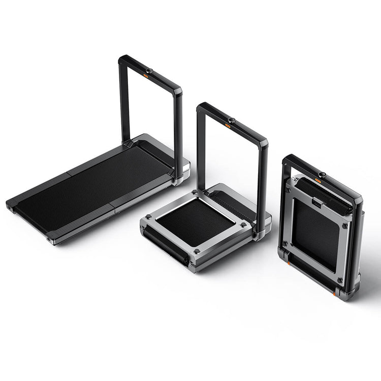 Showing the walkingpad being folded in various stages and stored compact vertically.