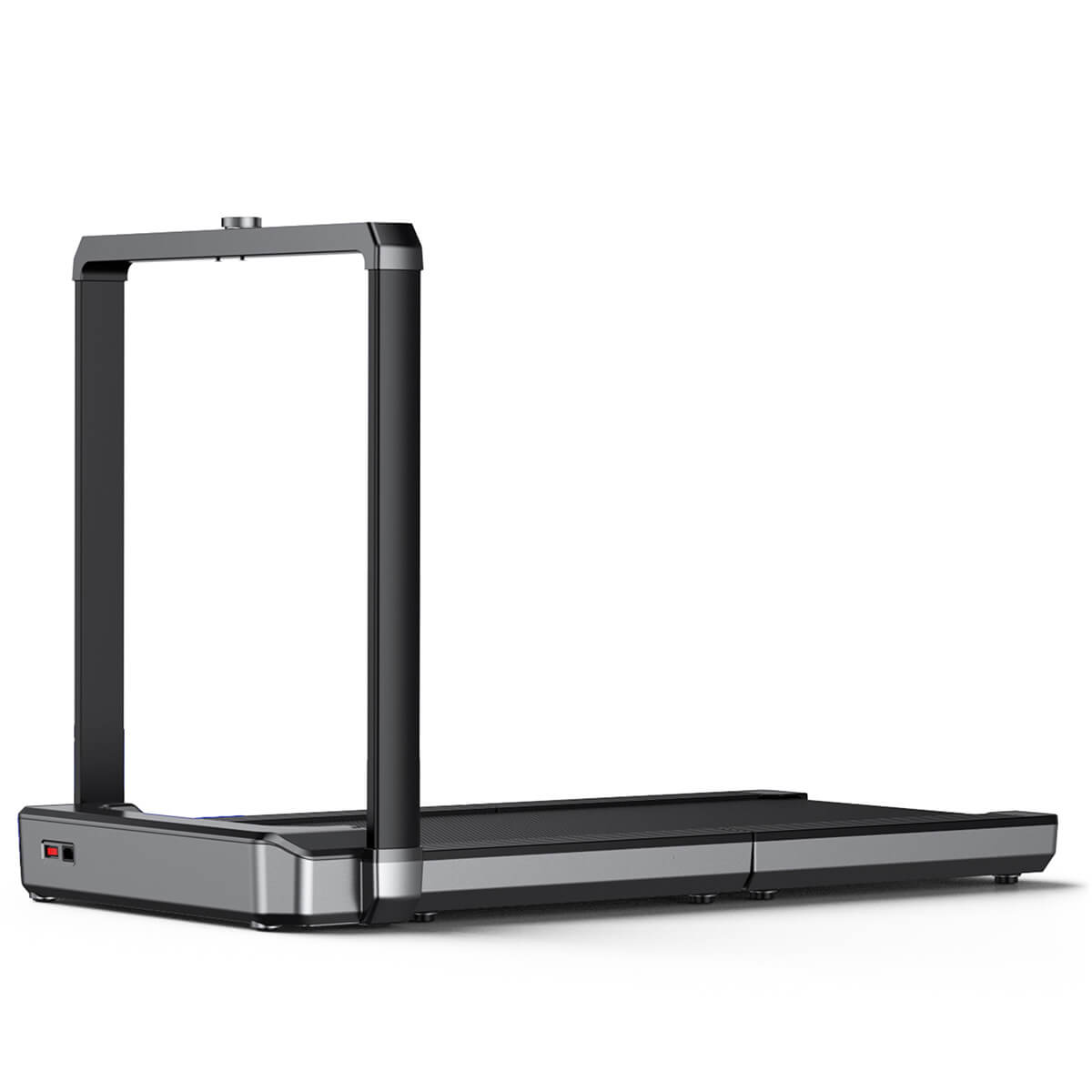 Gray and black Walkingpad treadmill in upright position on white background.