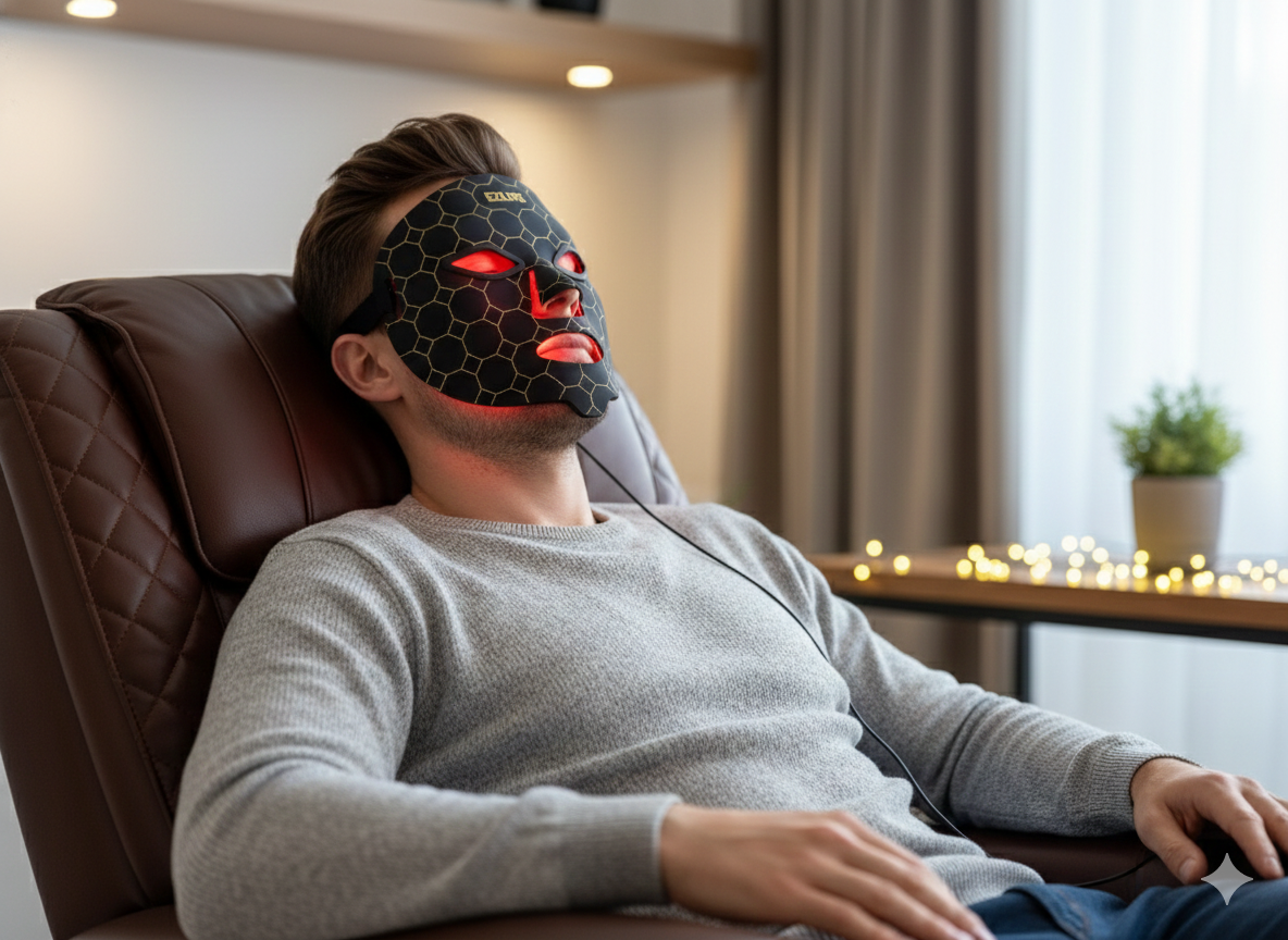 Guy using a red light face mask relaxing on the chair 
