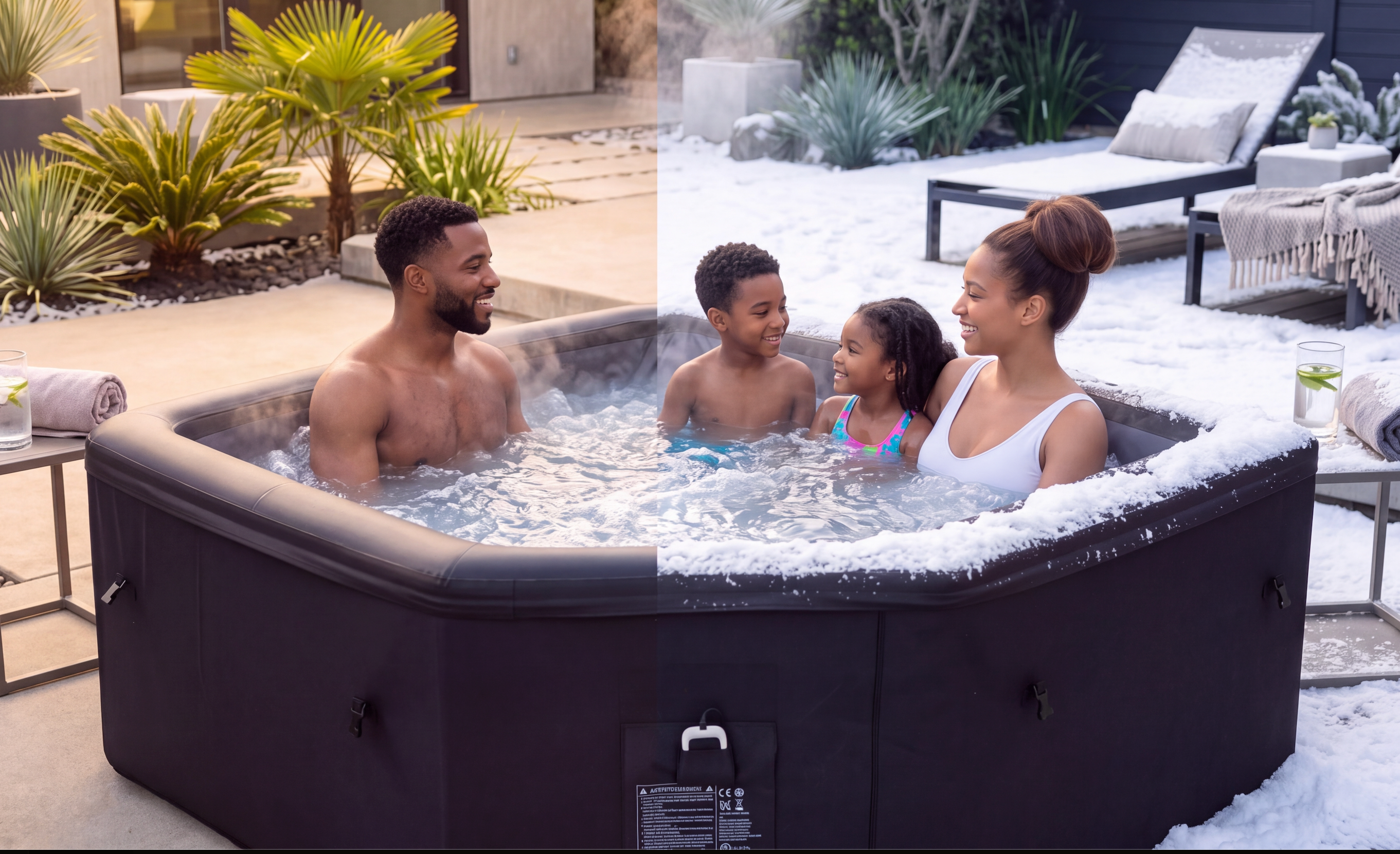 Family of 4 sitting in the EZLIFE foam cut corner hot tub spa with full foam insulation for year round use in the hot summer and winter snow and ice.