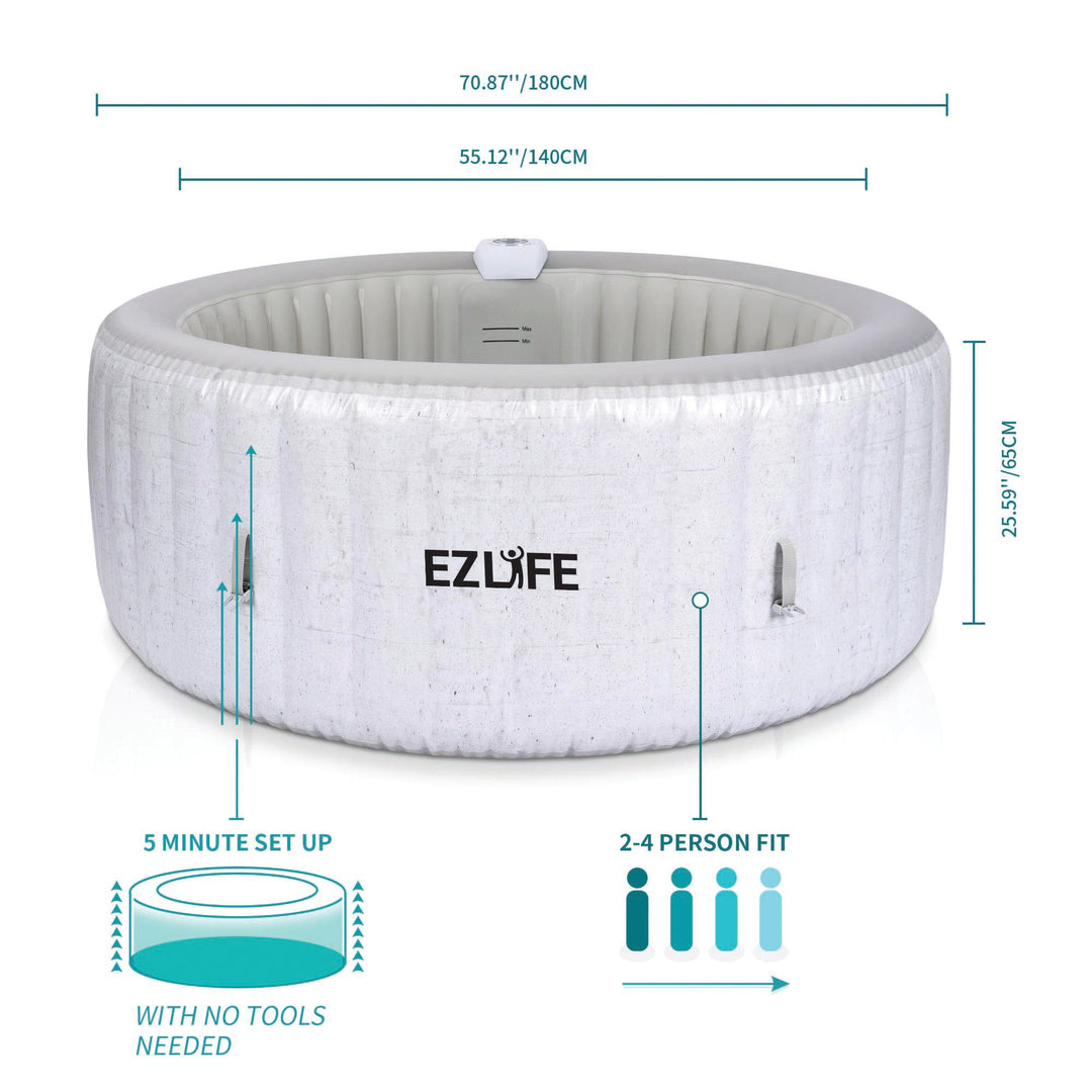 A white inflatable hot tub with the 'EZLife' brand logo, showing the dimensions of the hot tub. The tub reaches 70.87 inches from outer edge to outer edge, 55.12 inches from inner edge to inner edge. The graphic also shows height of 25.59 inches, and highlights that it takes 5 minutes of setup and fits 2-4 people. 