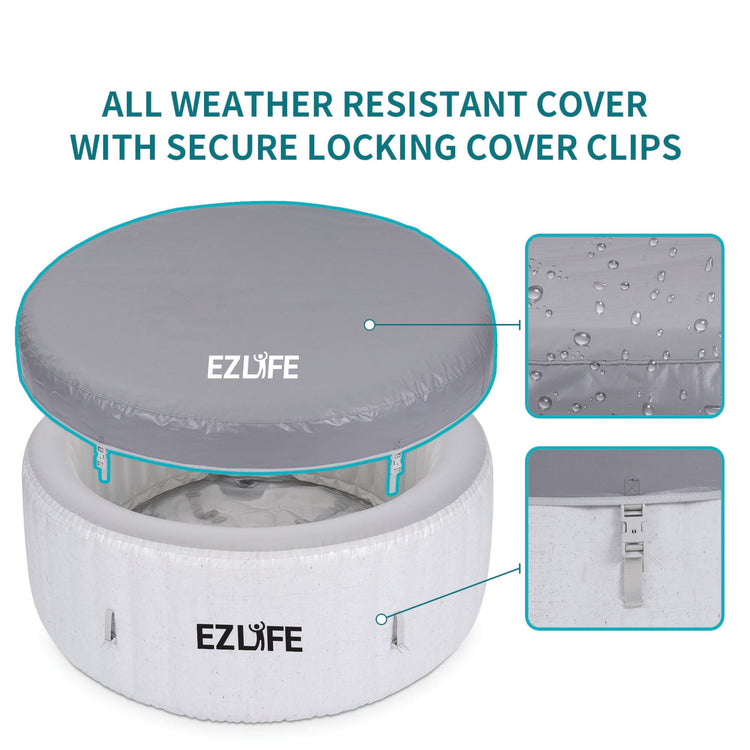 A white inflatable hot tub with the 'EZLife' brand logo, with close-up images of the cover highlighting the water-resistant material. The image contains text saying, "All weather resistant cover with secure locking cover clips". 