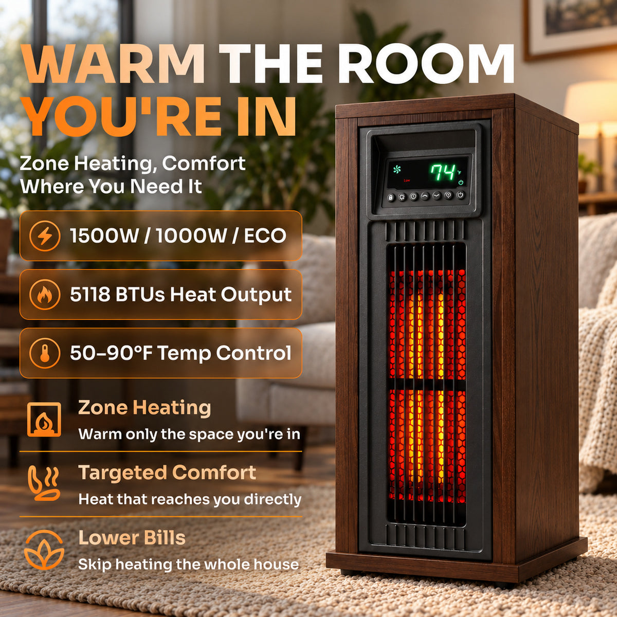 Lifesmart HT1216 23-Inch Infrared Quartz Tower Heater with Oscillating Vent and Fan Mode