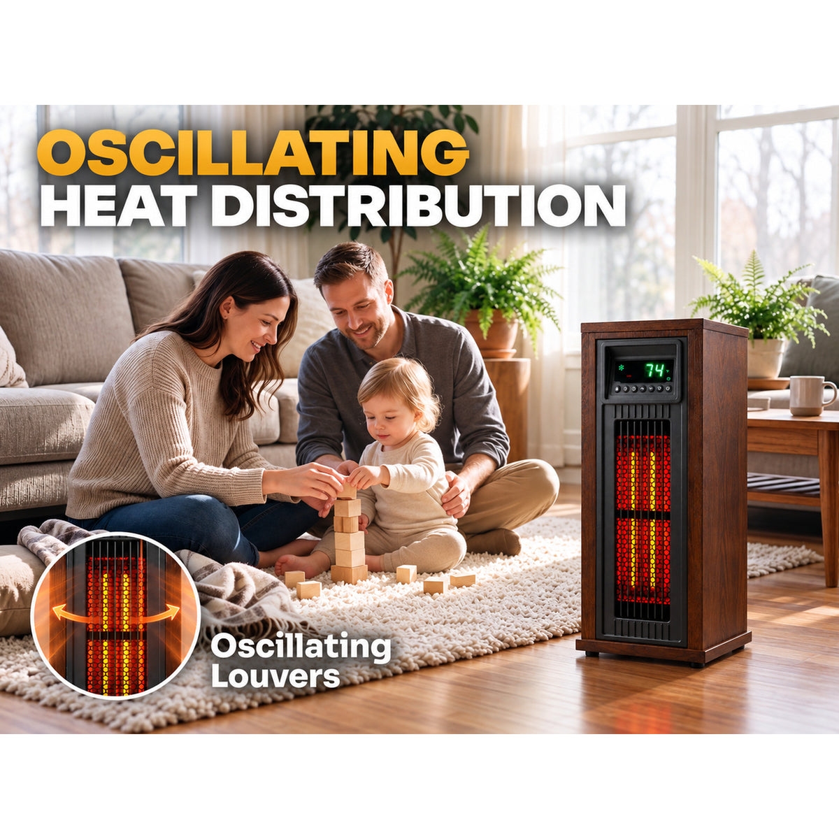 Lifesmart HT1216 23-Inch Infrared Quartz Tower Heater with Oscillating Vent and Fan Mode