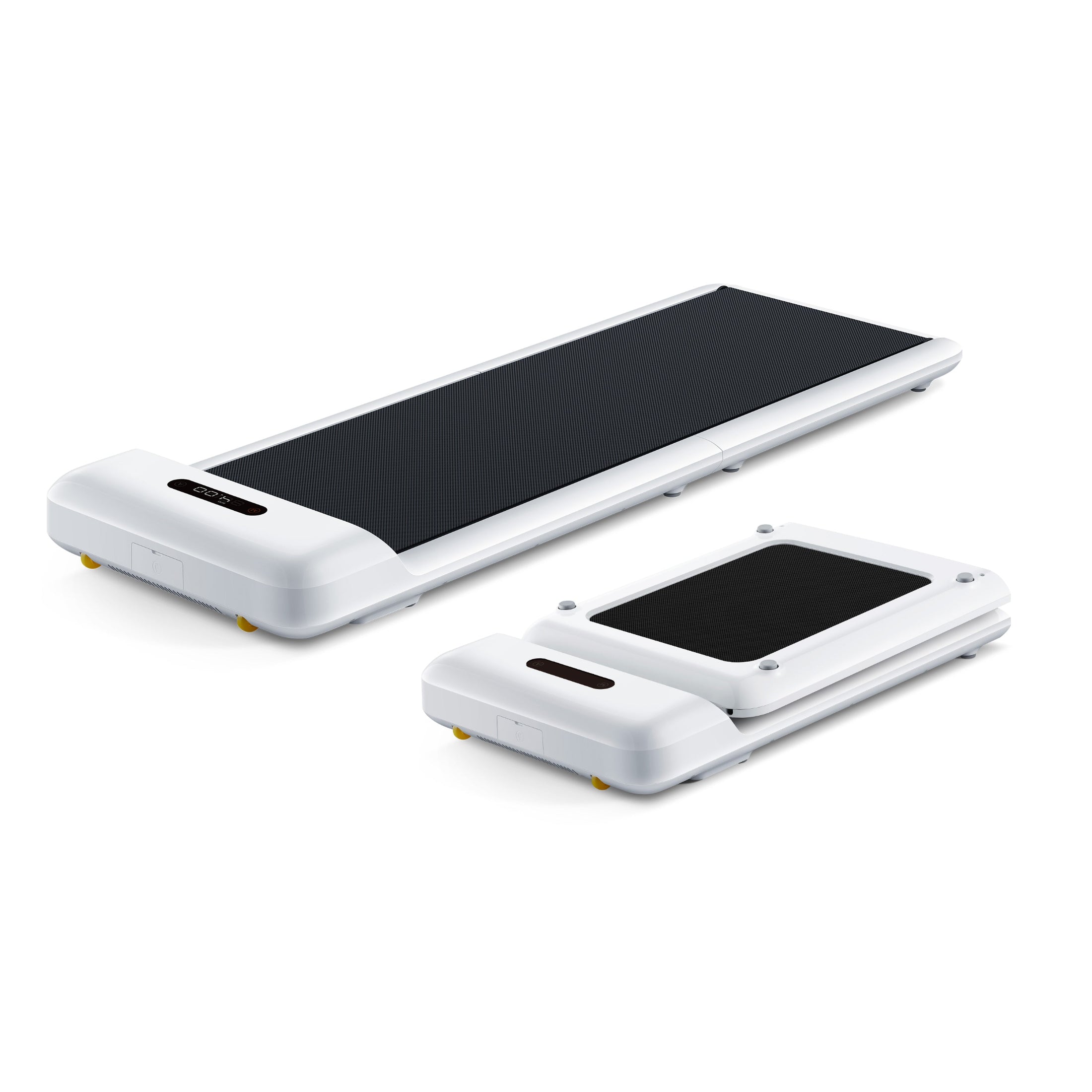 2 White Walkingpad C2 walking pads, one folded up and one fully unfolded