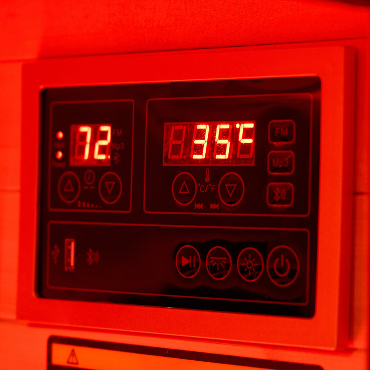 Digital display with red text on a red background for a 2 Person Infrared Sauna with Red Light