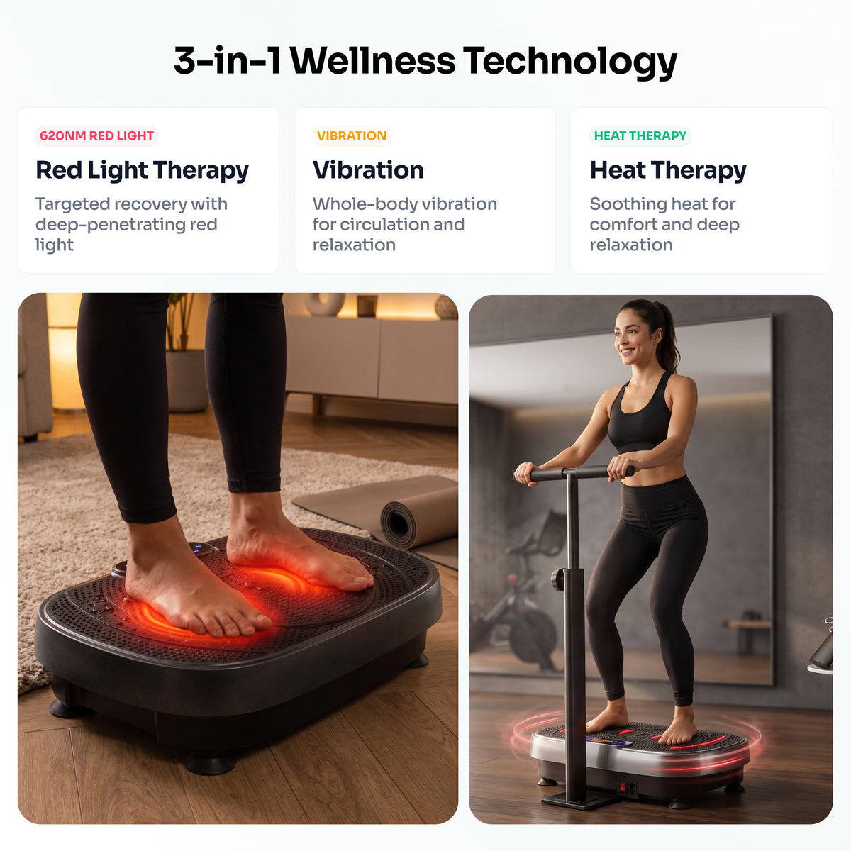 EZLIFE Vibration Plate with Red Light and Heat with handle bar for support