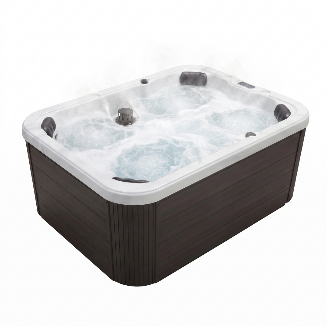 A EZLIFE 4 Person Acrylic Hot Tub with a dark brown textured exterior and a white interior rim, shown with bubbling water and jets visible on a plain white background.