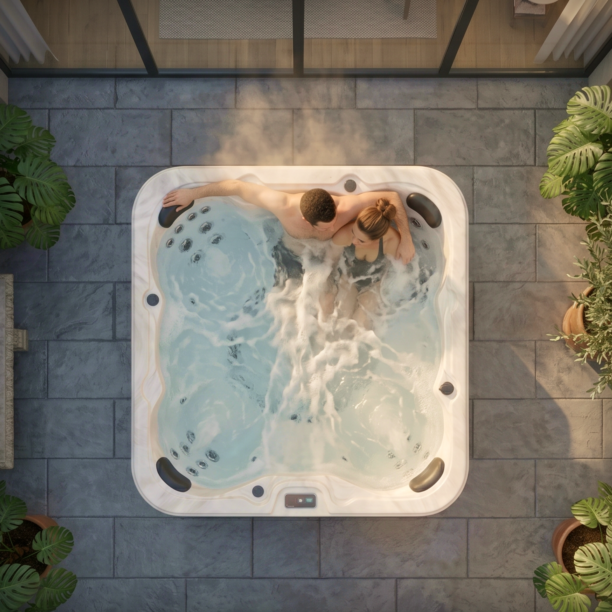 Top-down view of EZLIFE 4 Person Acrylic Hot Tub with bubbling water, showing a couple relaxing inside on a gray tiled patio with potted plants.

