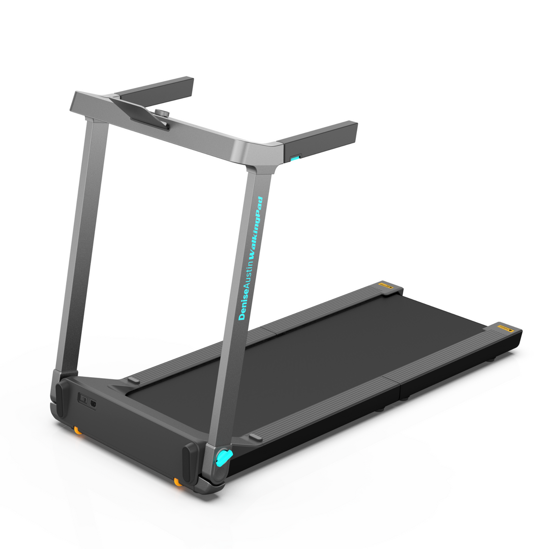 Denise Austin 1.0 Foldable WalkingPad Treadmill with a black frame and gray walking belt, featuring side handrails and a phone holder.