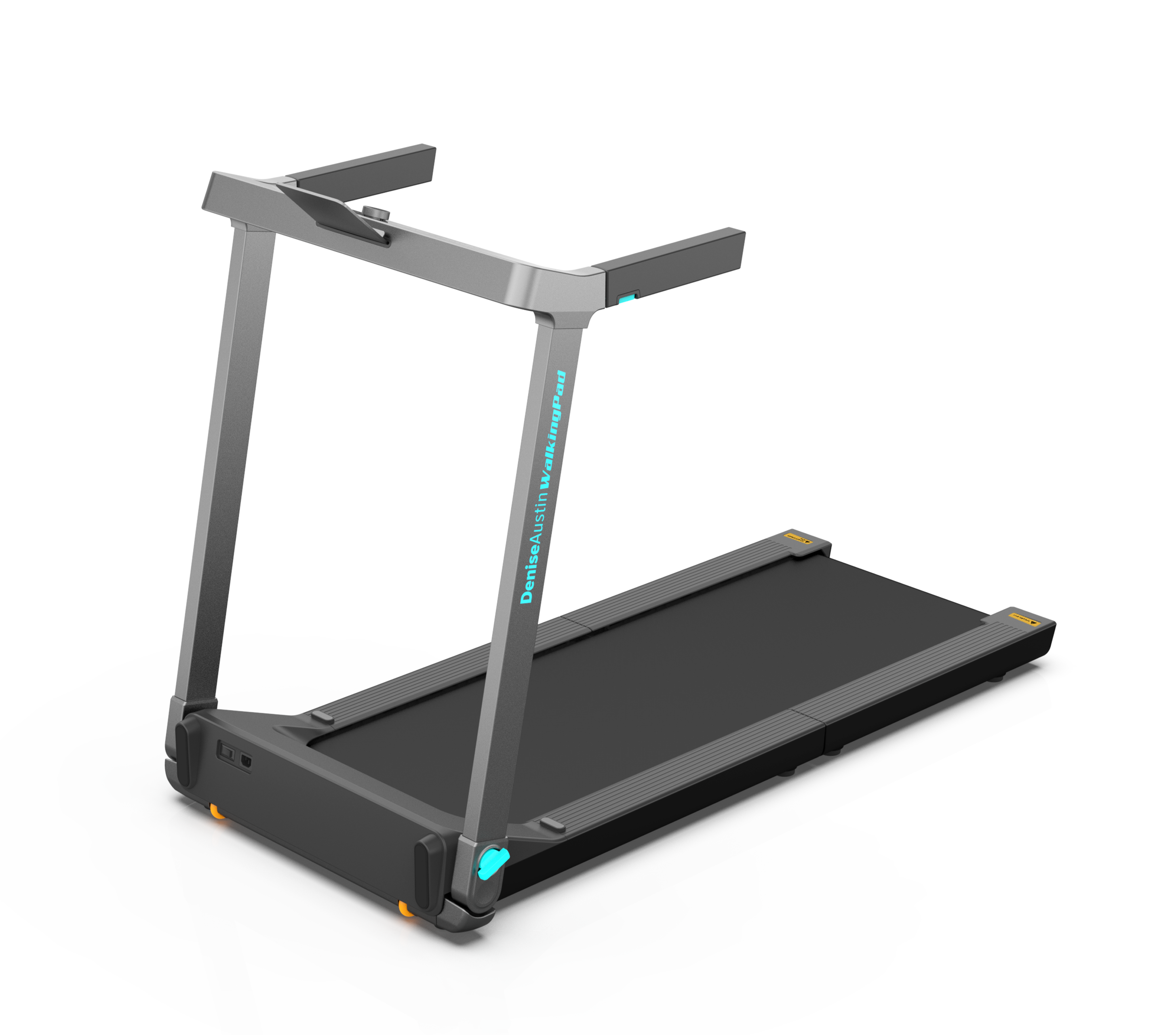 Denise Austin 1.0 Foldable WalkingPad Treadmill with a black frame and gray walking belt, featuring side handrails and a phone holder.