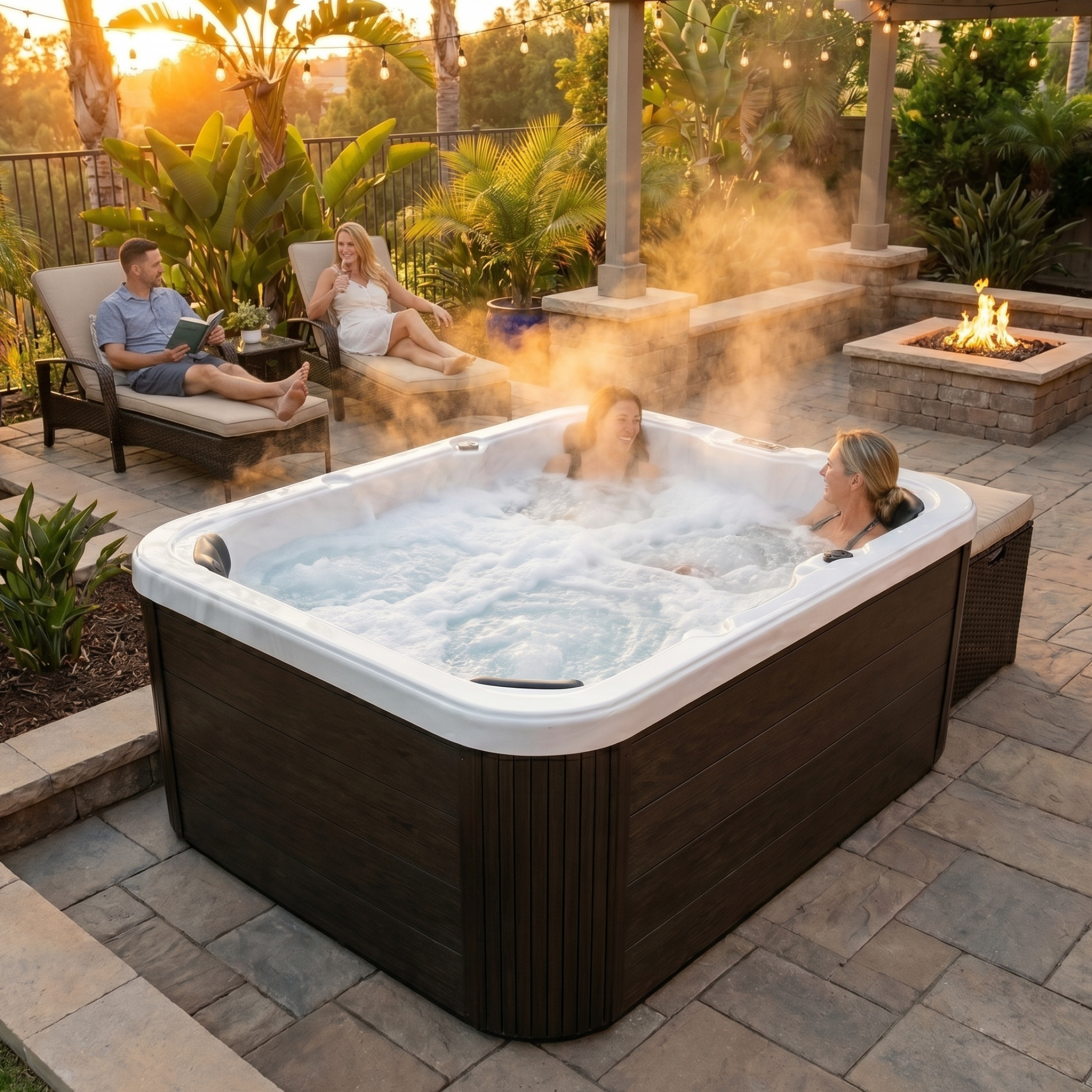 A large EZLIFE 4 Person Acrylic Hot Tub with bubbling water sits on a stone patio in a backyard setting. Three people are relaxing inside and around the tub, with a fire pit, palm trees, and lounge chairs visible in the background at sunset.

