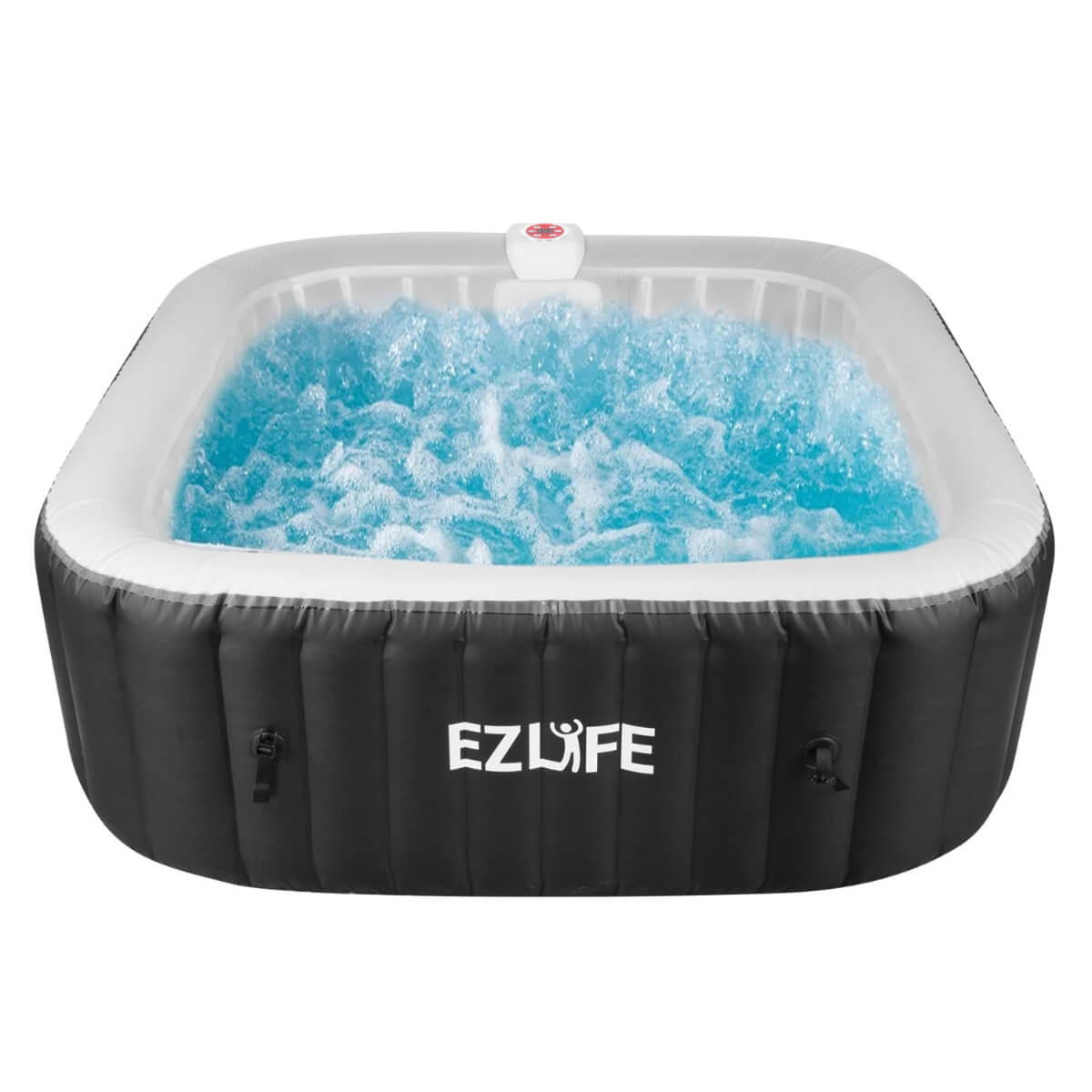 6 Person EZLIFE inflatable square hot tub filled with bubbling water, featuring a black exterior and white interior.