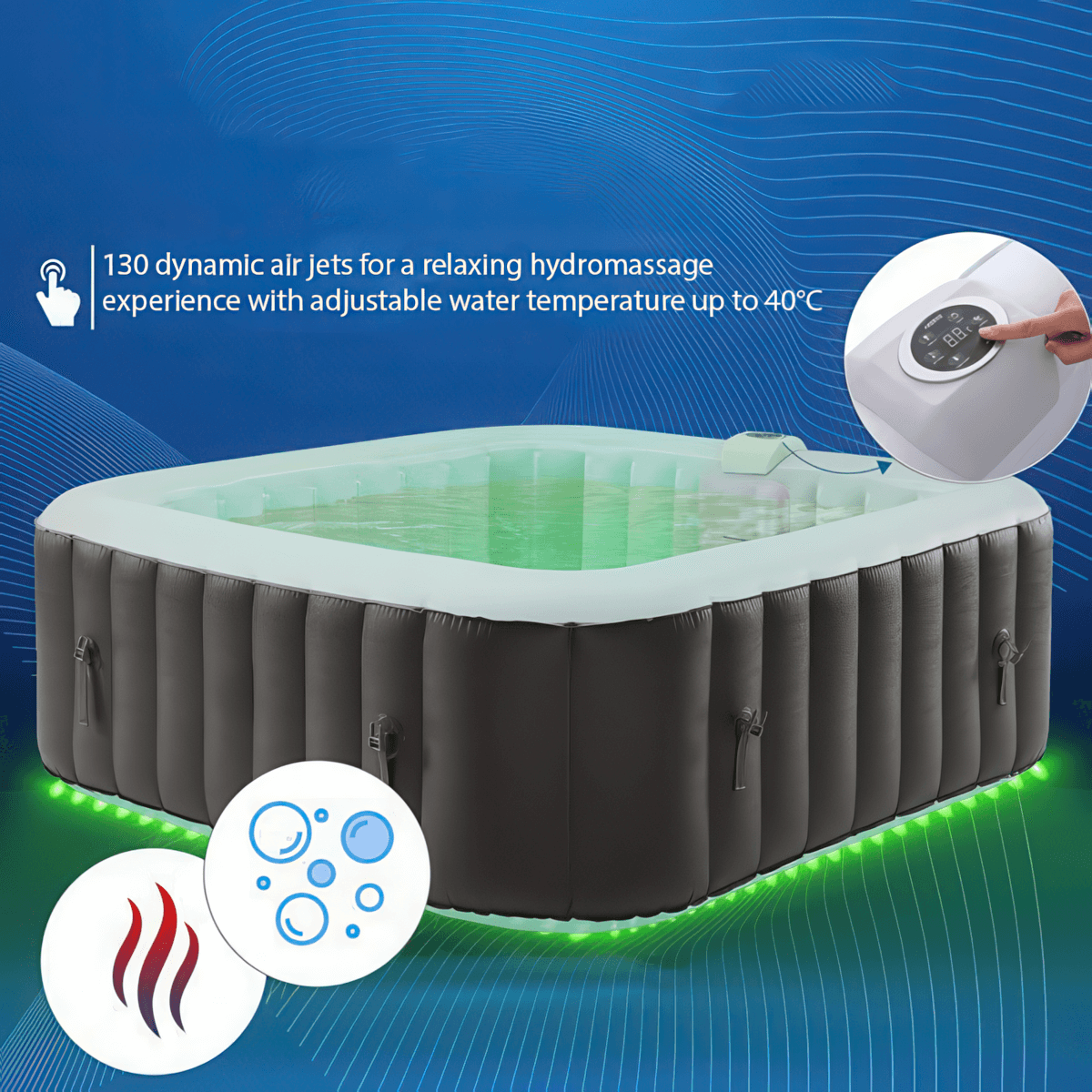 EZLife inflatable hot tub image with text: 130 dynamic air jets for a relaxing hydromassage experience with adjustable water temperature up to 40 degrees C. (104 degrees F)