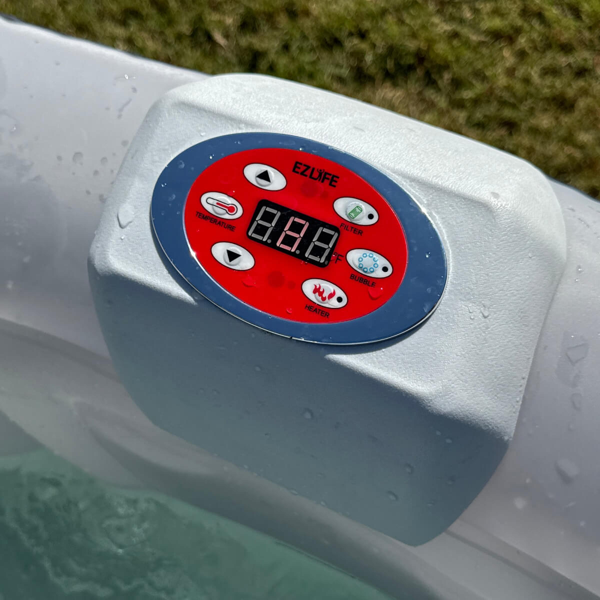 Easy touch buttons for features such as temperature adjustment, heater, and bubbles.
