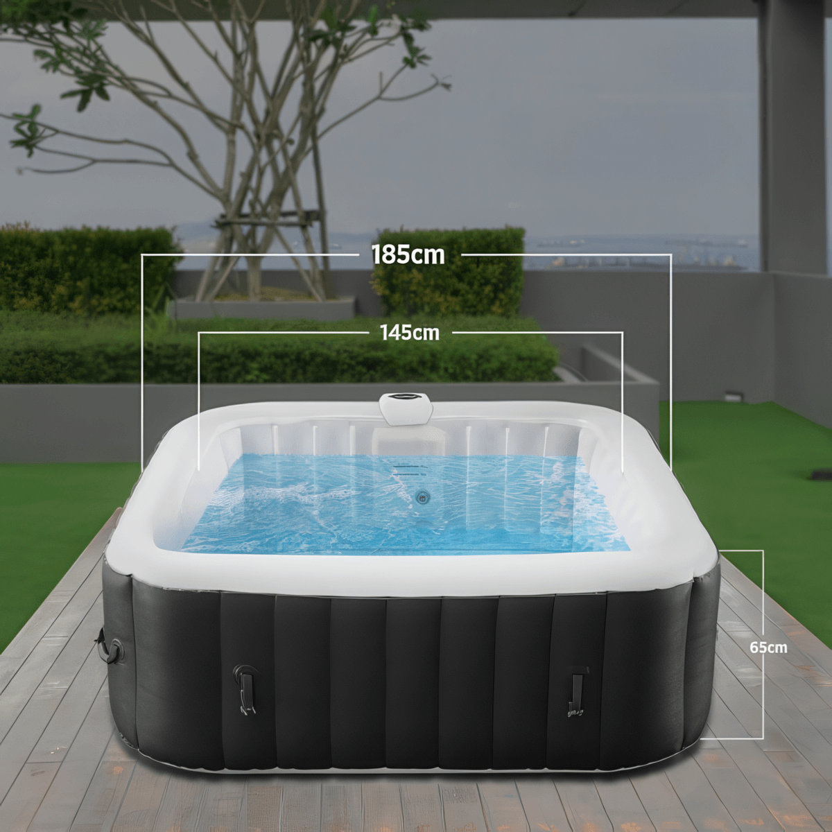 6 Person Inflatable dimensions 186cm outer dimensions. 145cm interior dimensions. 65cm tall.