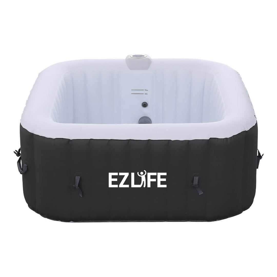 Product Shot on white background of EZLIFE inflatable square hot tub not filled with water, featuring a black exterior and white interior.