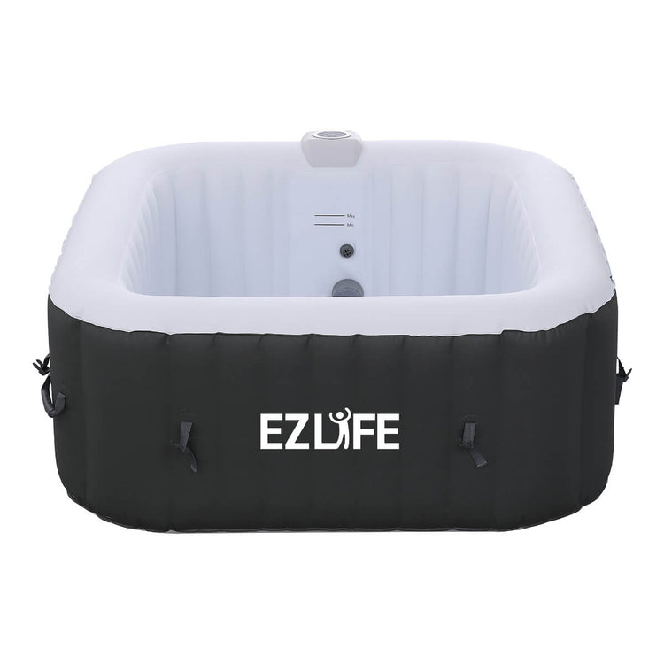 Product Shot on white background of EZLIFE inflatable square hot tub not filled with water, featuring a black exterior and white interior.
