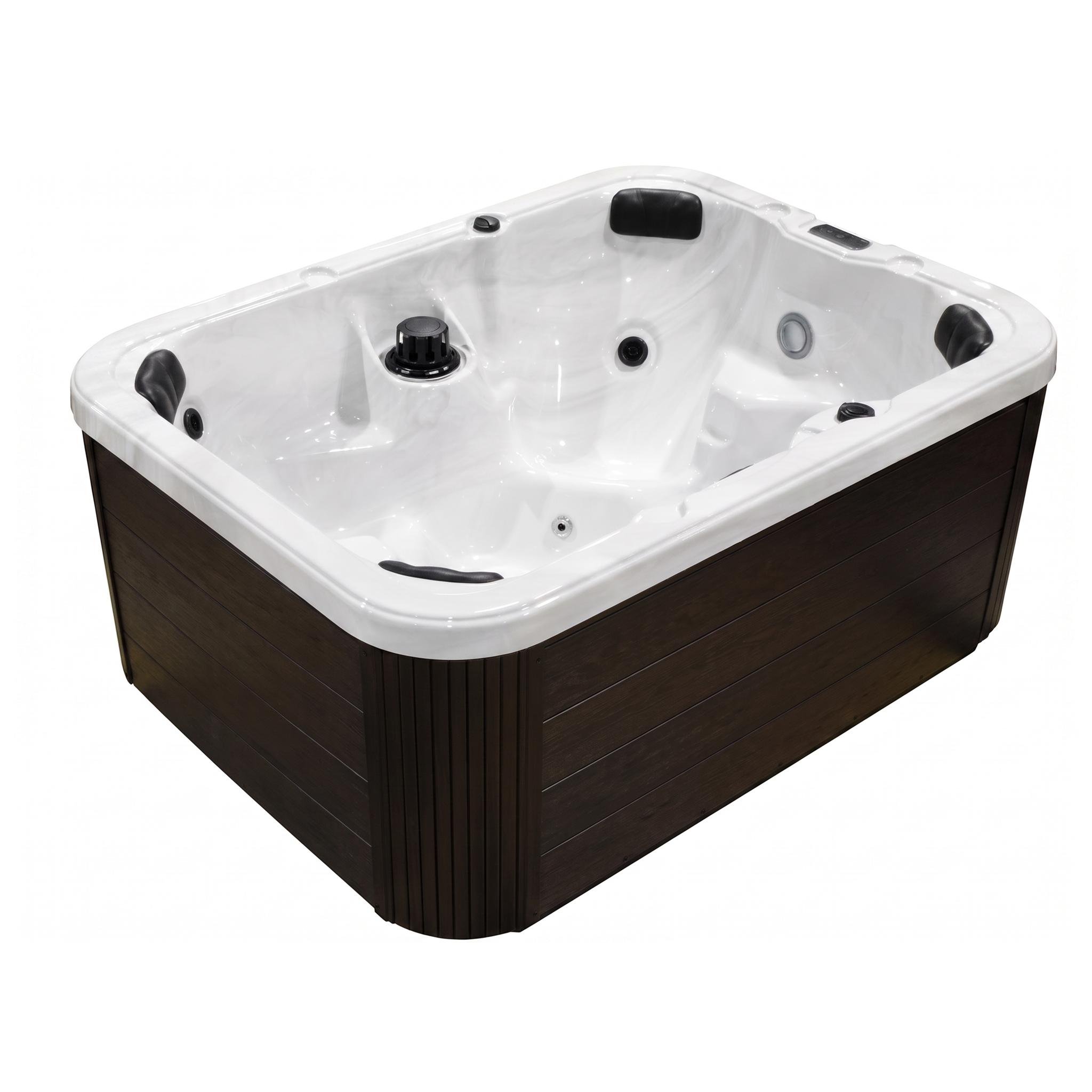 A EZLIFE 4 Person Acrylic Hot Tub with a dark brown wood-look exterior and a white interior, shown on a plain white background.
