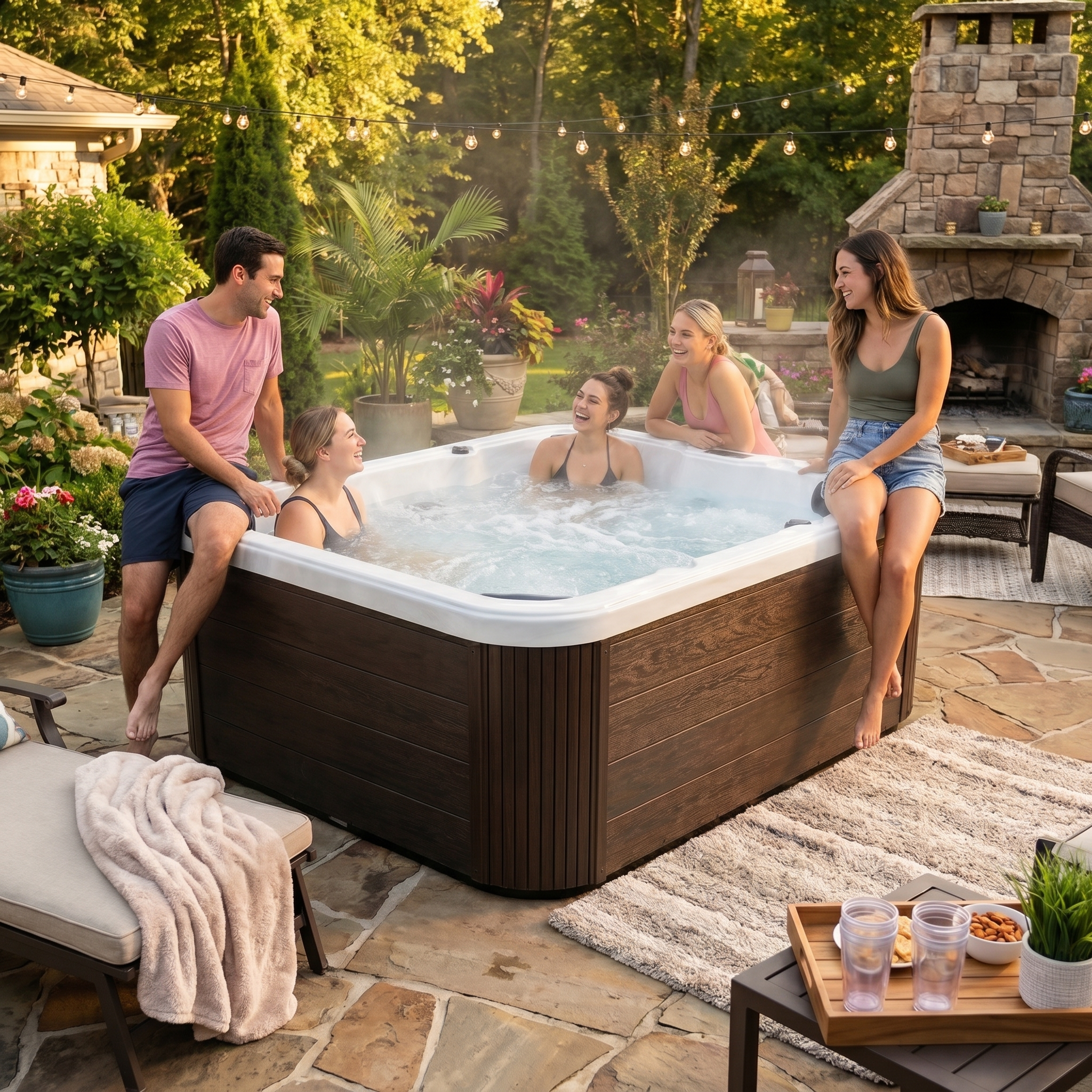 A group of four people relaxing around their EZLIFE 4 Person Acrylic Hot Tub in a stone patio backyard with string lights, plants, and a stone fireplace. The hot tub has a dark brown wood-grain exterior and a white interior.


