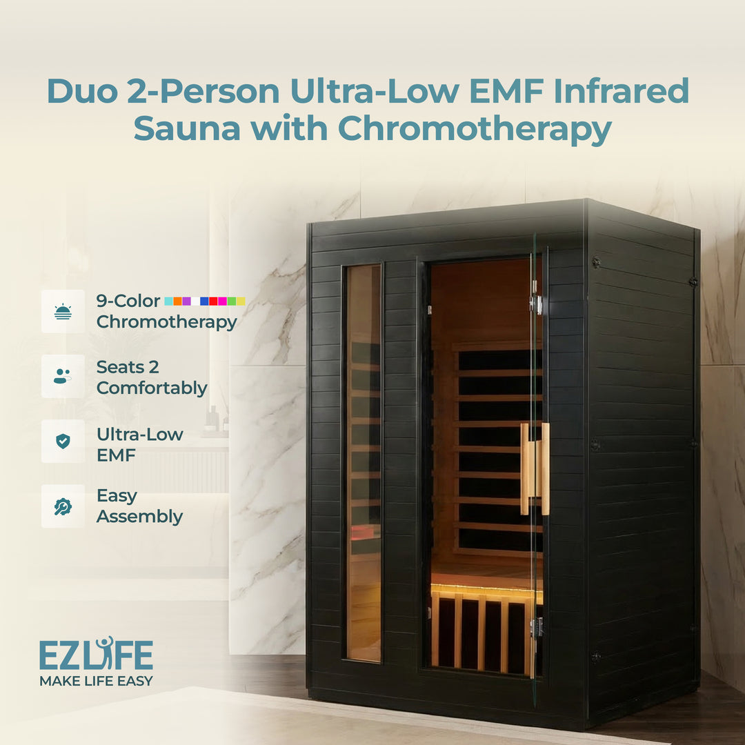 Duo 2-Person Ultra-Low EMF Infrared Sauna with Chromotherapy by EZLIFE on a neutral background