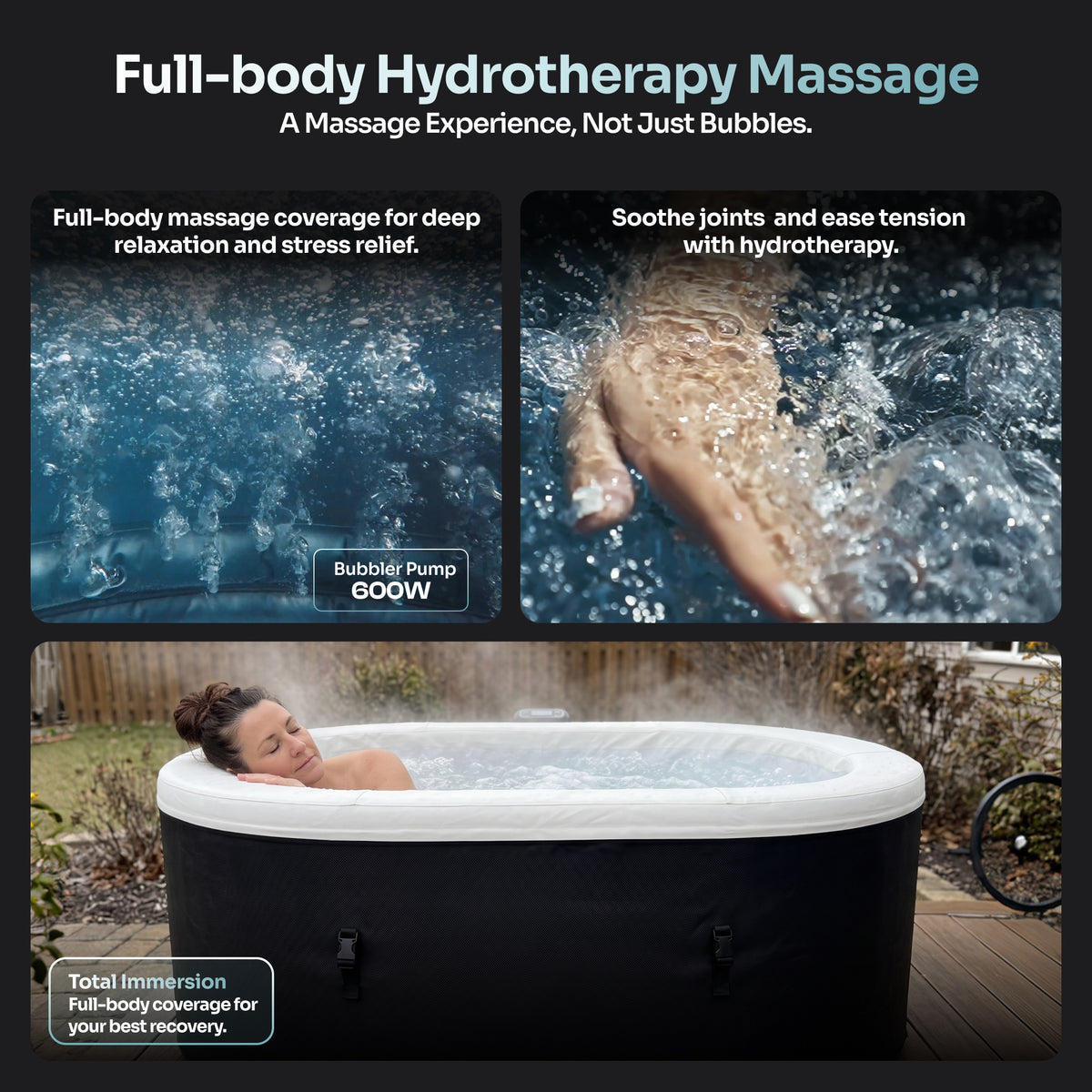 Promotional graphic for a full-body hydrotherapy massage hot tub. The top section contains marketing text over two inset images: one showing bubbly blue water with a label reading 'Bubbler Pump 600W,' and one showing a hand in splashing water.


