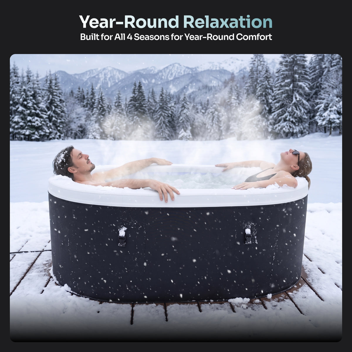 A round outdoor hot tub sits on a snowy deck with two people relaxing inside, set against a winter mountain landscape. Text at the top reads 'Year-Round Relaxation' and 'Built for All 4 Seasons for Year-Round Comfort.

