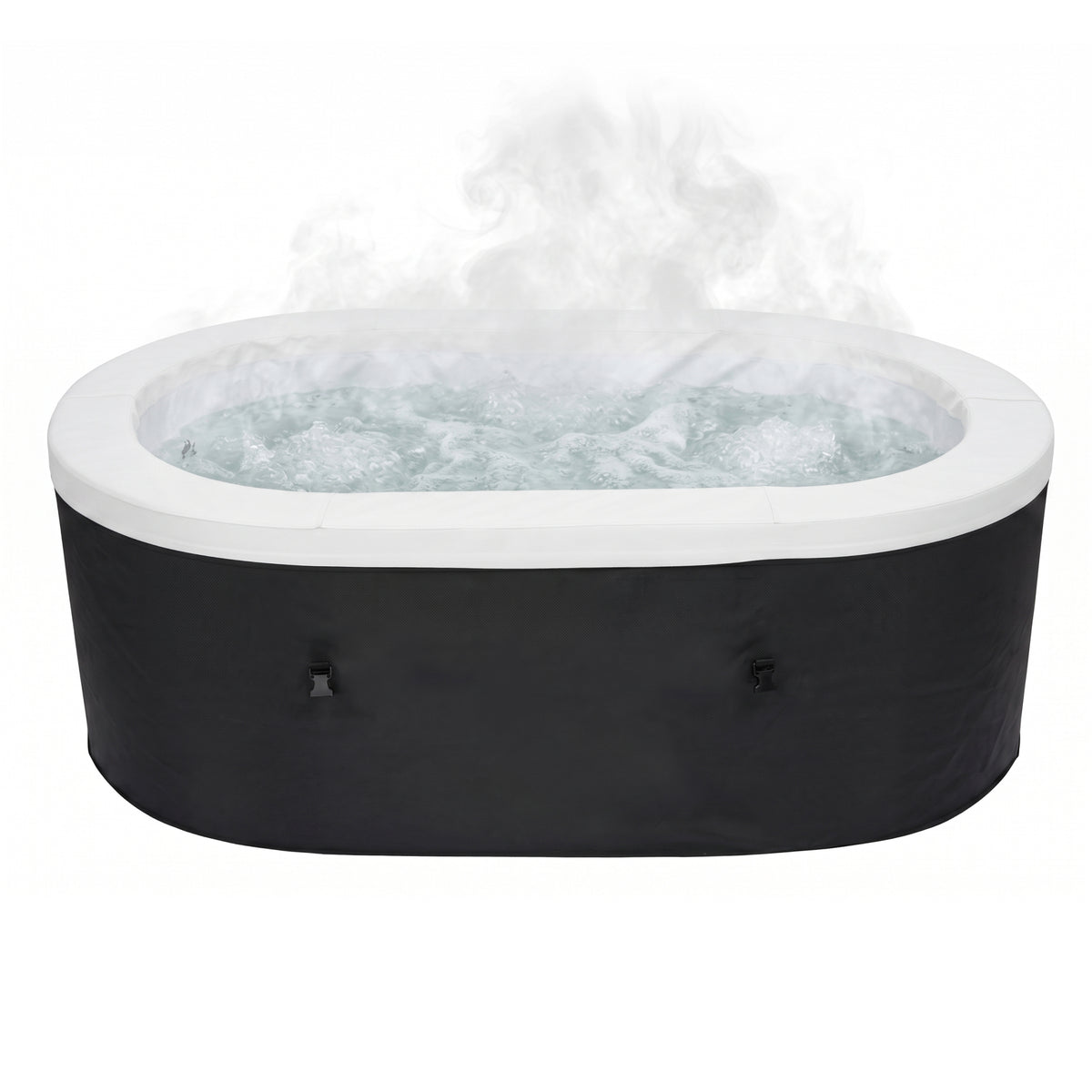An inflatable hot tub with a black exterior and white rim, filled with bubbling water and emitting steam, shown against a plain white background.