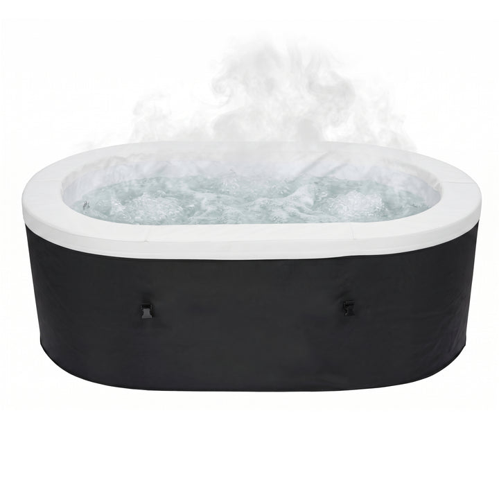 An inflatable hot tub with a black exterior and white rim, filled with bubbling water and emitting steam, shown against a plain white background.