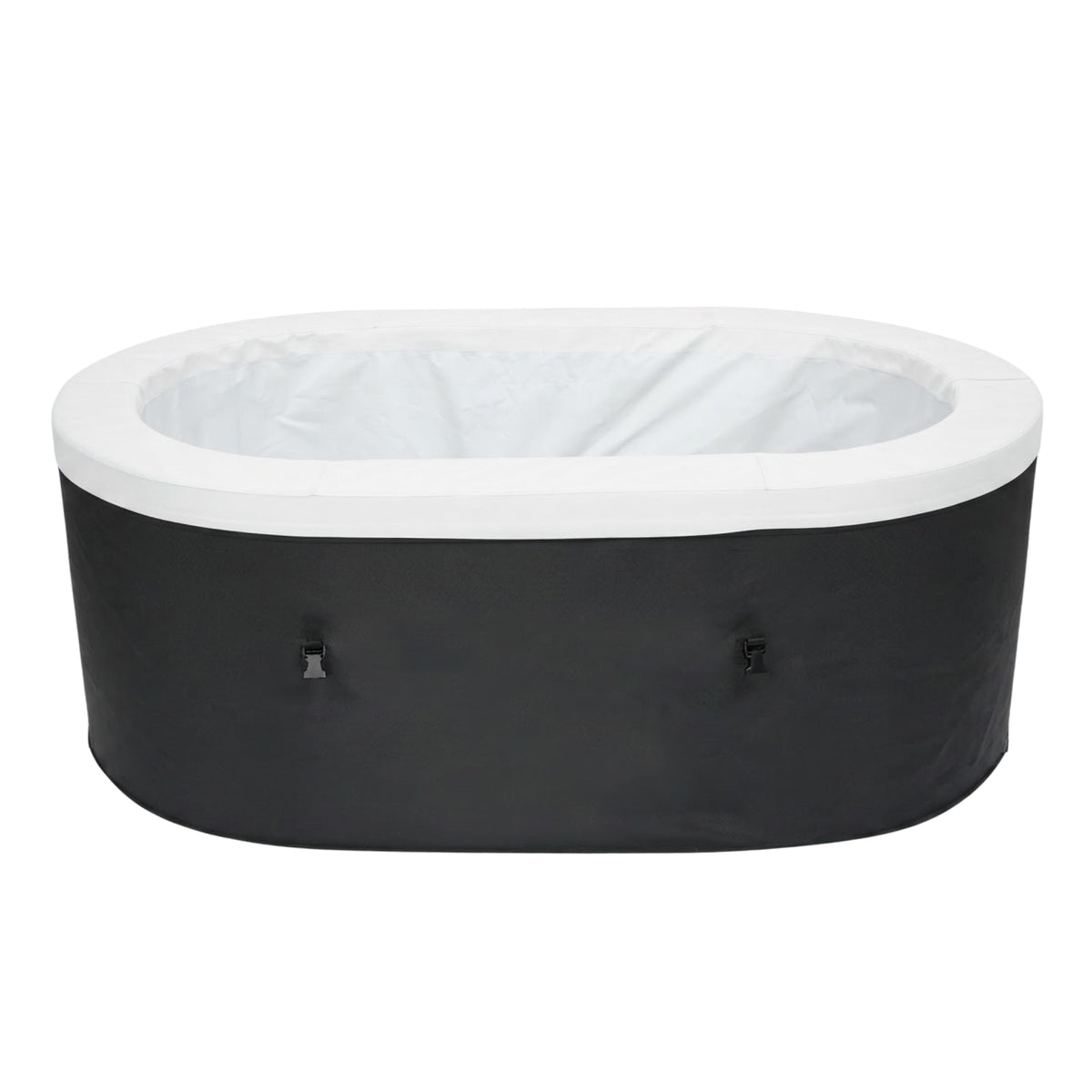 An inflatable oval bathtub with a black exterior and a white interior liner, shown against a plain white background.