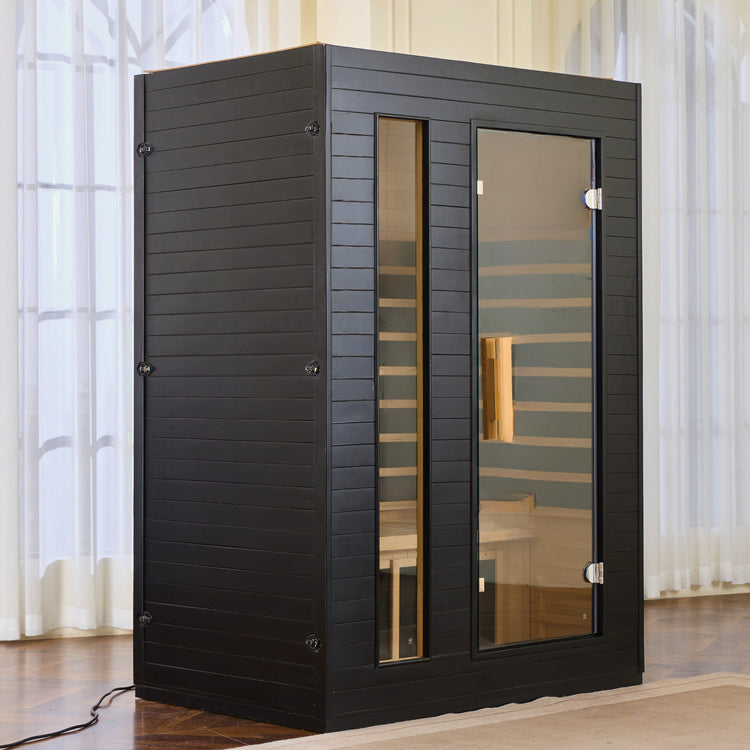 Ezlife infrared sauna Black sauna with glass doors in a room with curtains