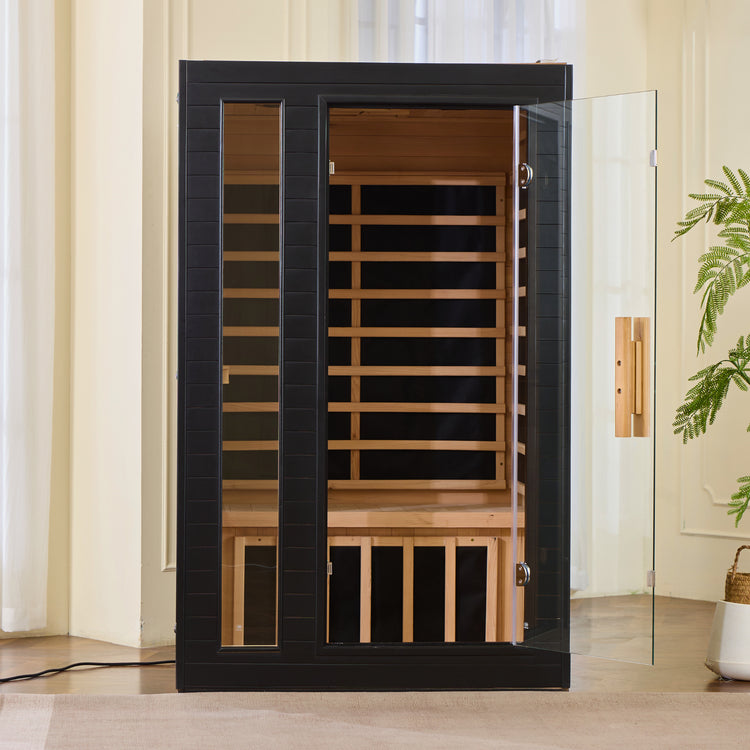 Ezlife 2 Person Infrared Sauna with Red Light with black frame in a room