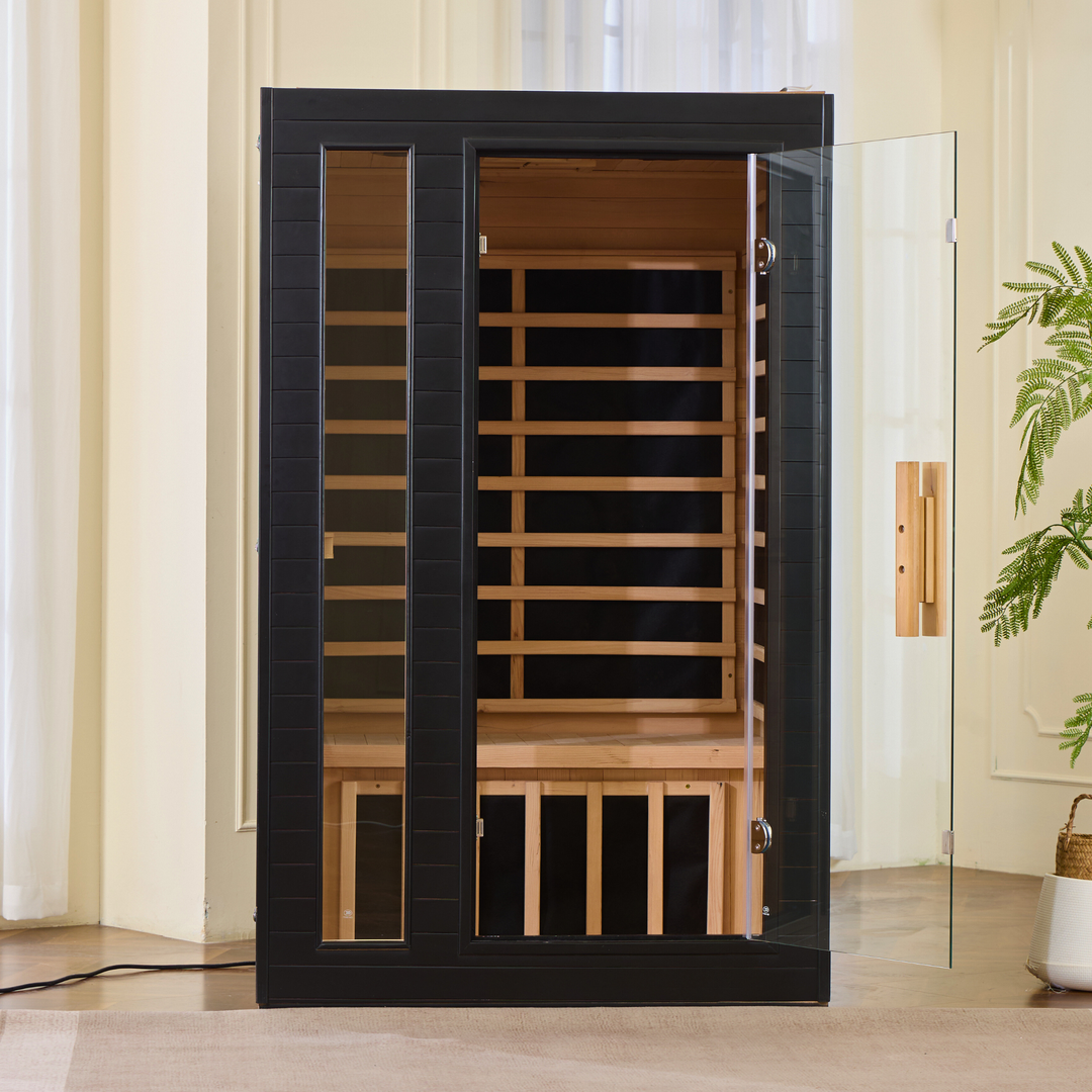 Ezlife 2 Person Infrared Sauna with Red Light with black frame in a room
