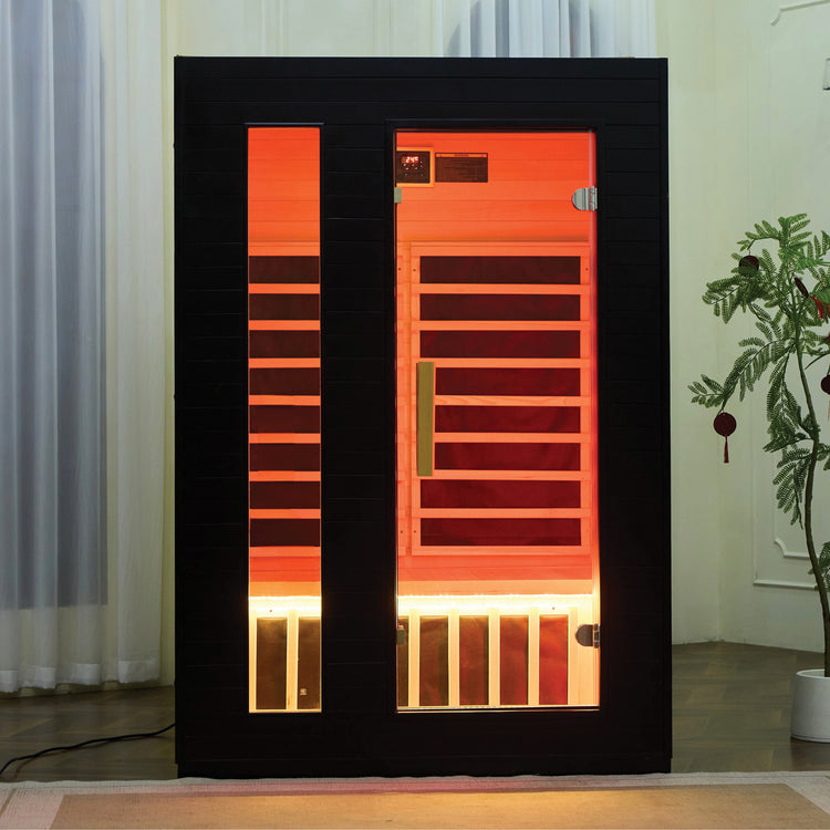Ezlife Infrared sauna with red light turned on in a living room 