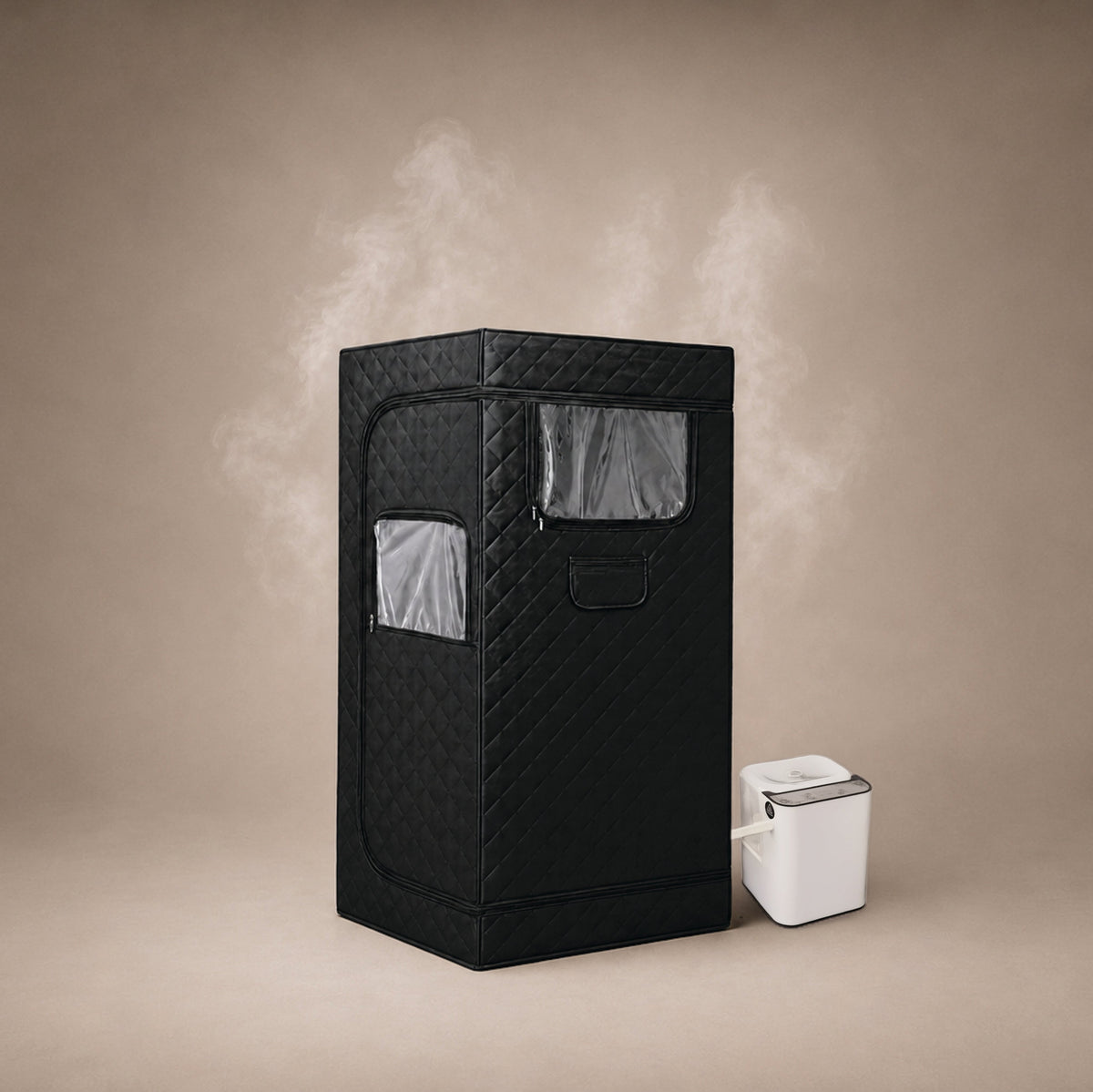 Ezlife black portable steam sauna with steam coming out of the sauna 