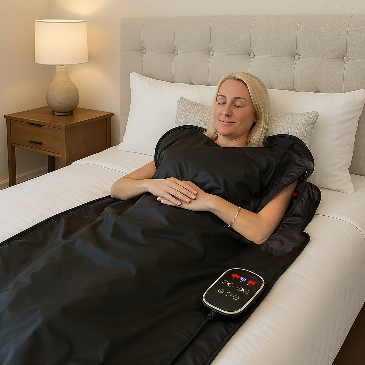 Woman in bed relaxing in Ezlife Red Light Sauna Blanket 