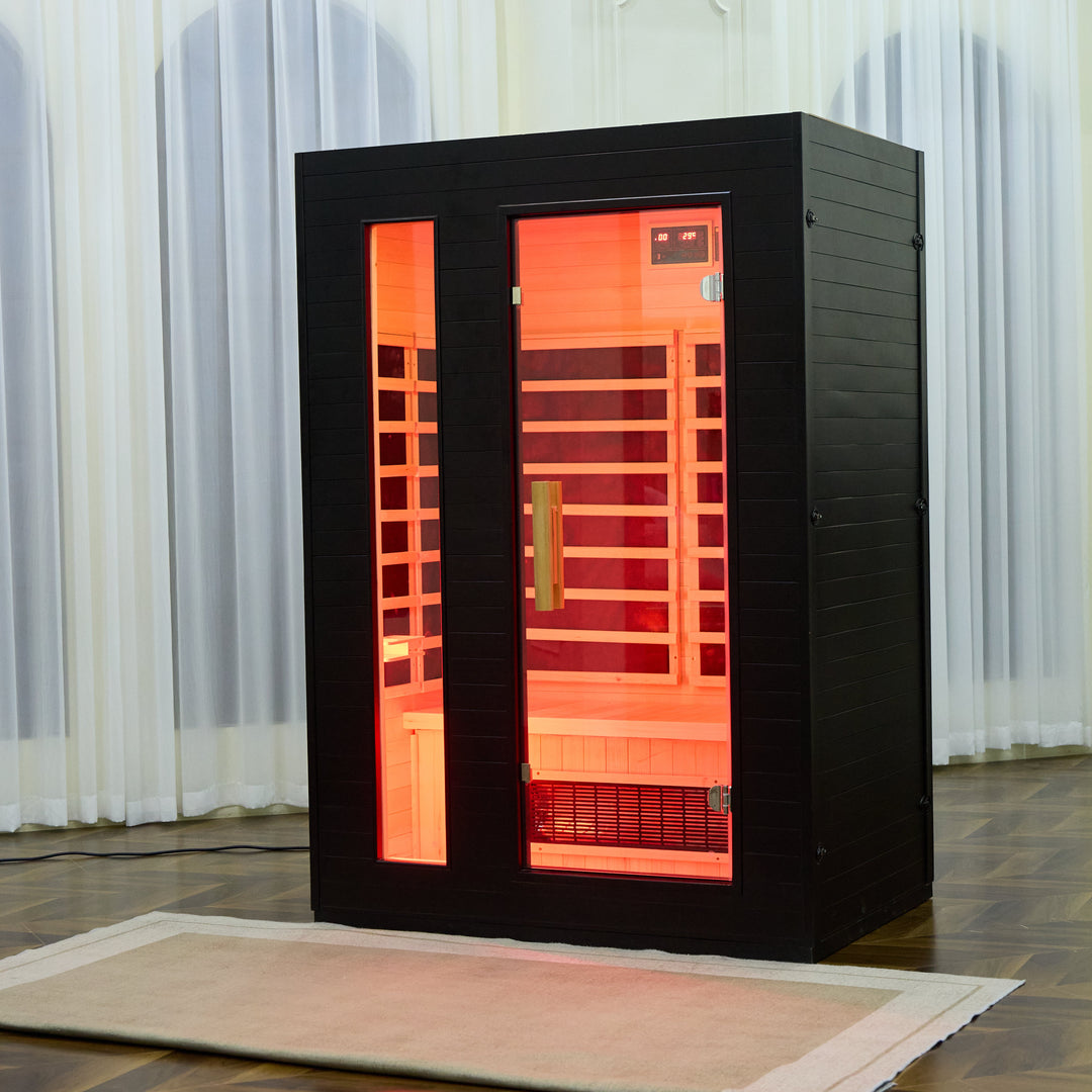 Infrared sauna in a cozy room with red light therapy