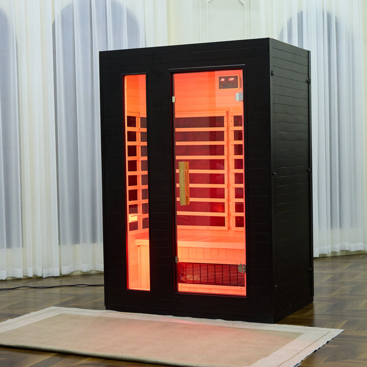 Infrared sauna in a cozy room with red light therapy
