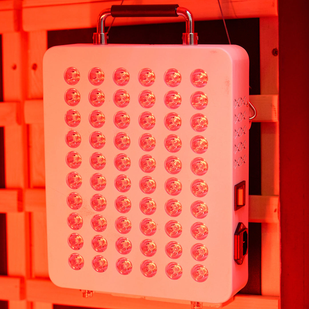 Ezlife LED red light panel hanging in the sauna