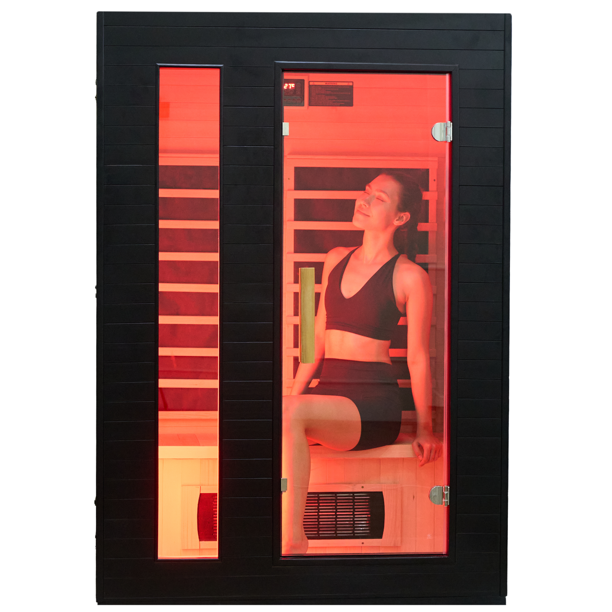 Ezlife Sauna with a fit women sitting inside enjoying the heat therapy.