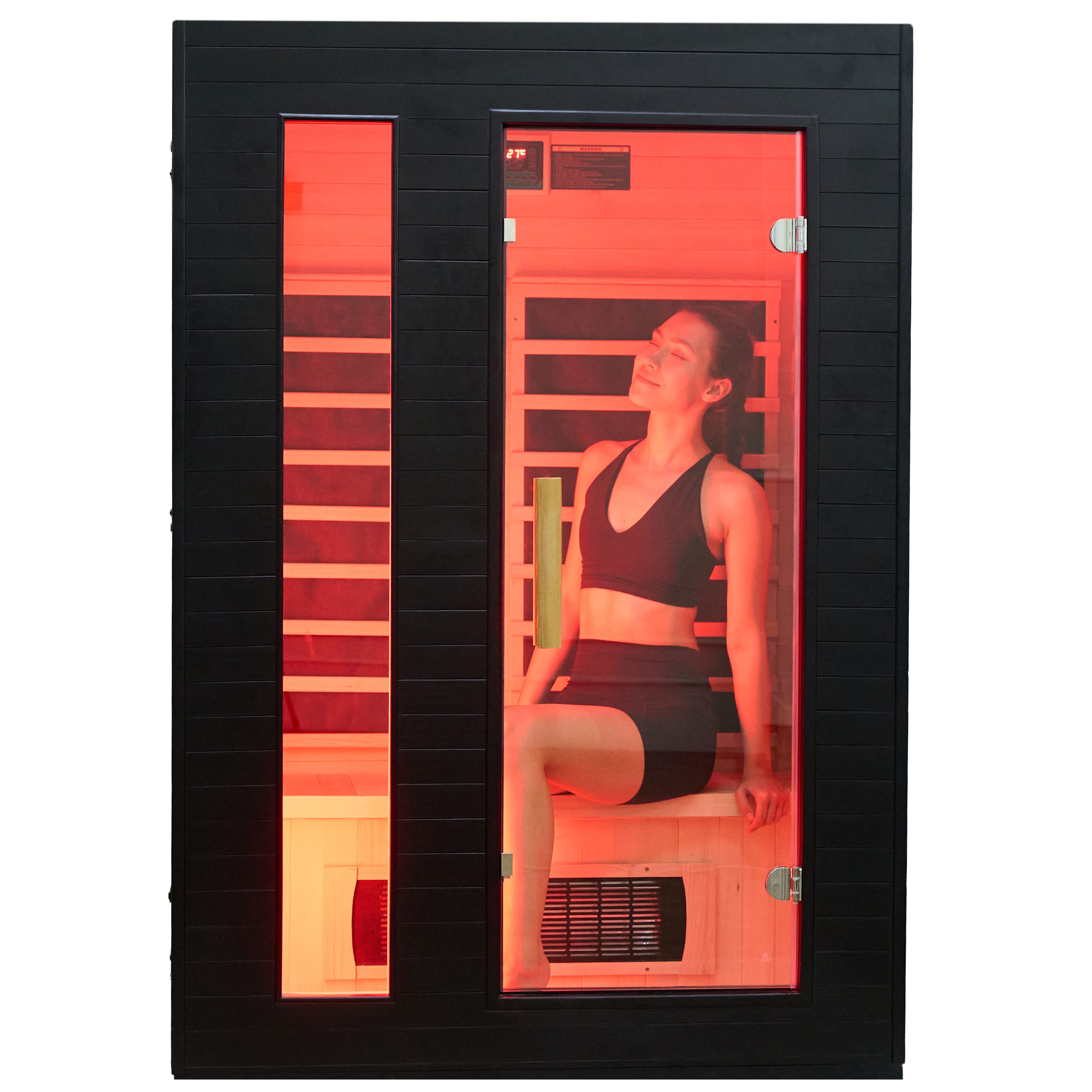 Ezlife Sauna with a fit women sitting inside enjoying the heat therapy.