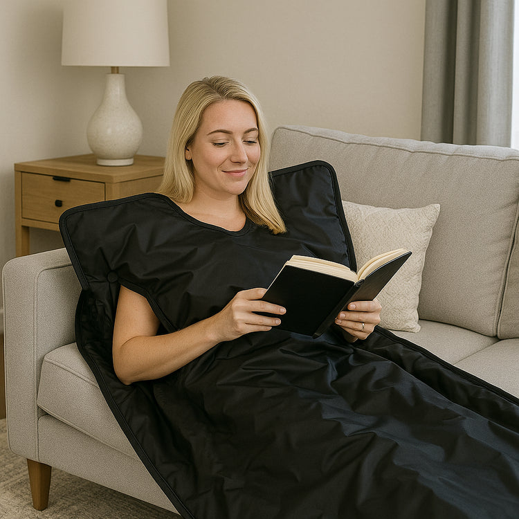 Woman reading on the couch enjoying her red light sauna blanket 