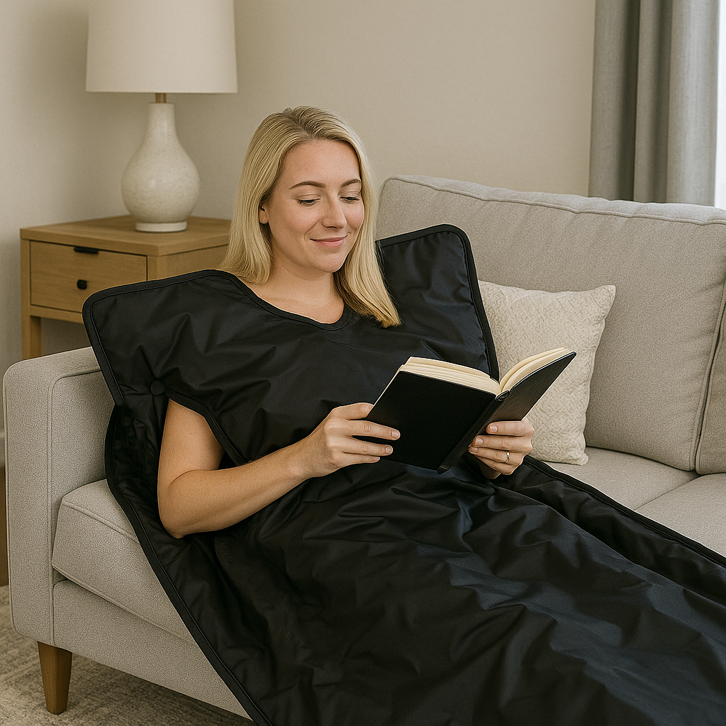 Woman reading on the couch enjoying her red light sauna blanket 