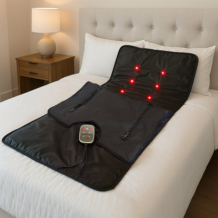 Ezlife Red Light Sauna Blanket Unfolded on the bed 