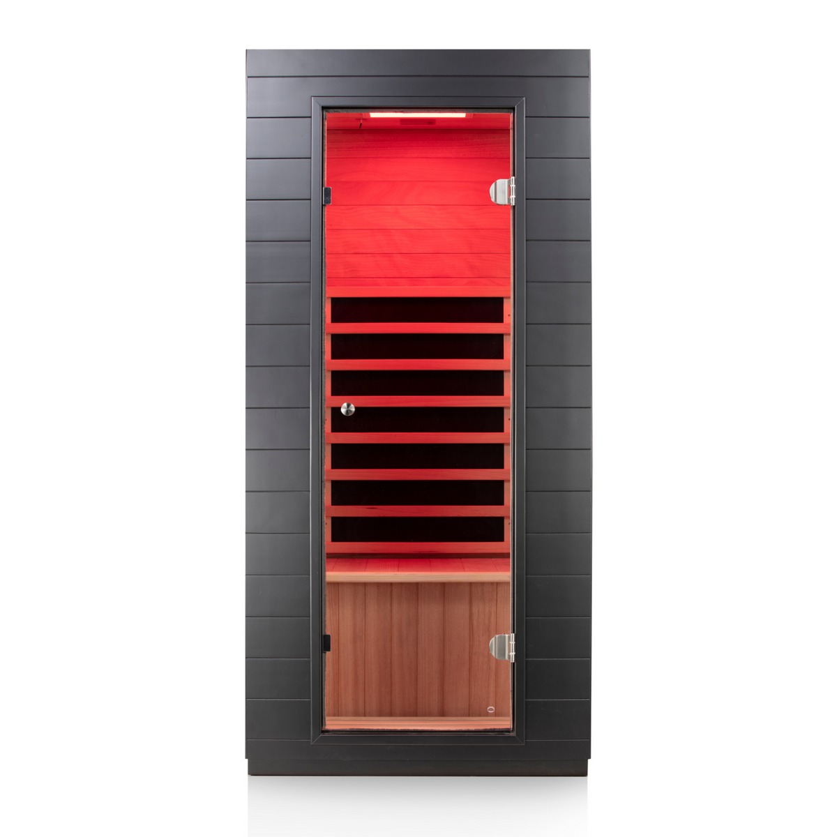 EZLIFE Solo 1-person low EMF infrared sauna in black with red chromotherapy light glowing inside