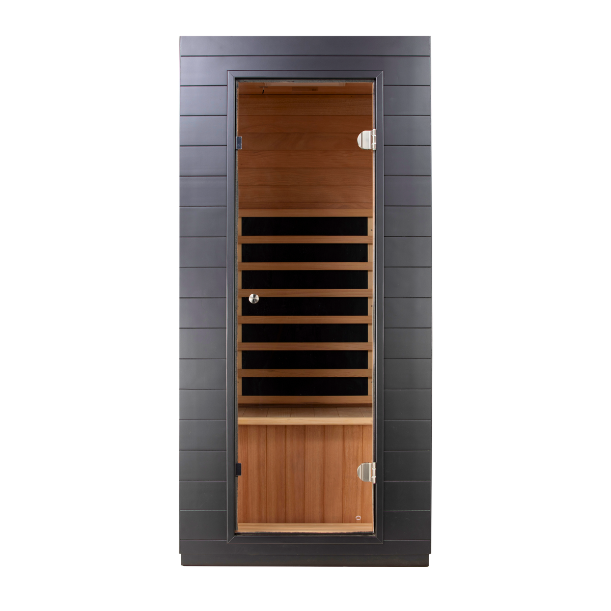 Side-angle view of the EZLIFE Solo compact infrared sauna showing black panel construction and wood-trimmed base