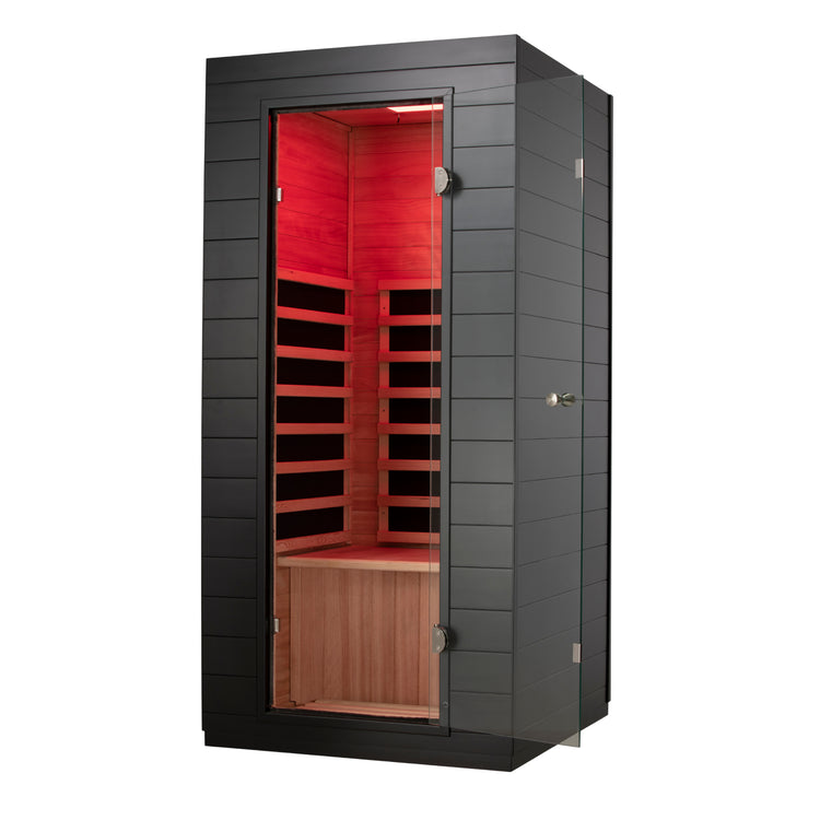 EZLIFE Solo infrared sauna interior with red light and hemlock wood walls